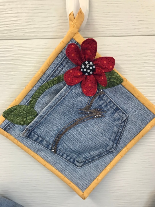 A very cute potholder made with recycled jeans